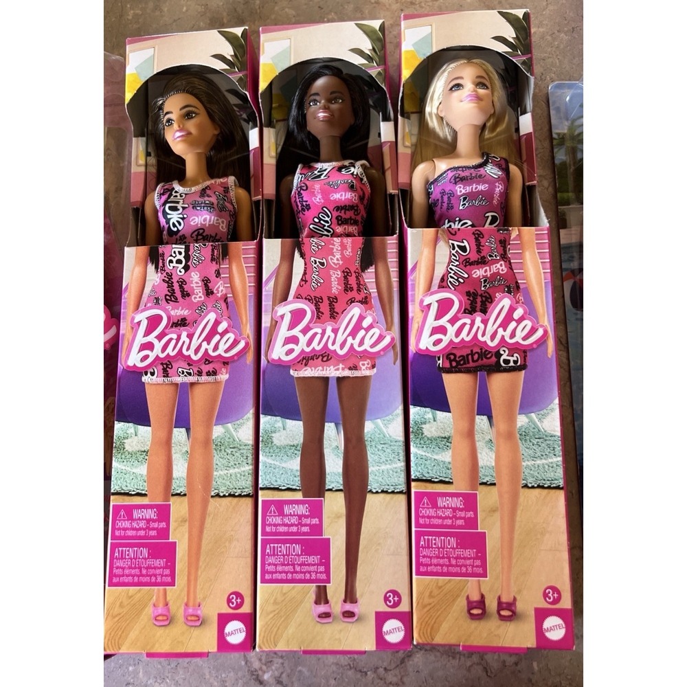 3 Barbie Fashion Dolls in Barbie Logo Pink Print Dresses 2024